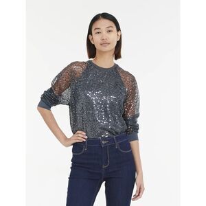 DKNY Grey Sequined Long Sleeve Lace Top Sz S